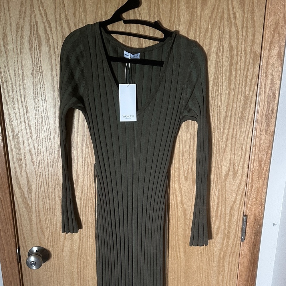 WORTH collective Olive Ribbed V-Neck Long Sleeve Knit Dress